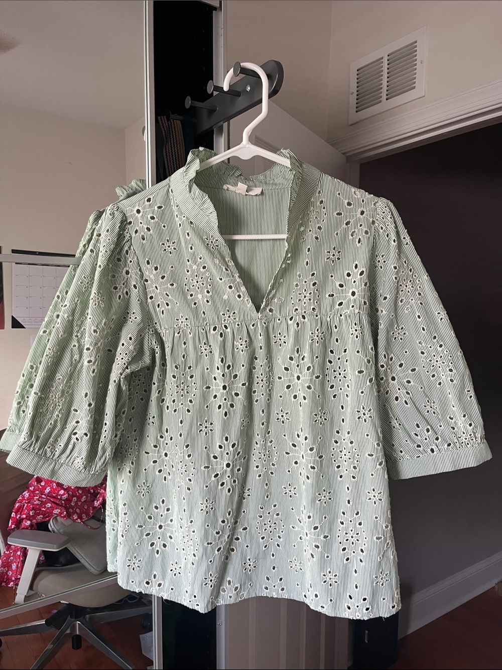 Light Sage Eyelet V-Neck Peasant Blouse